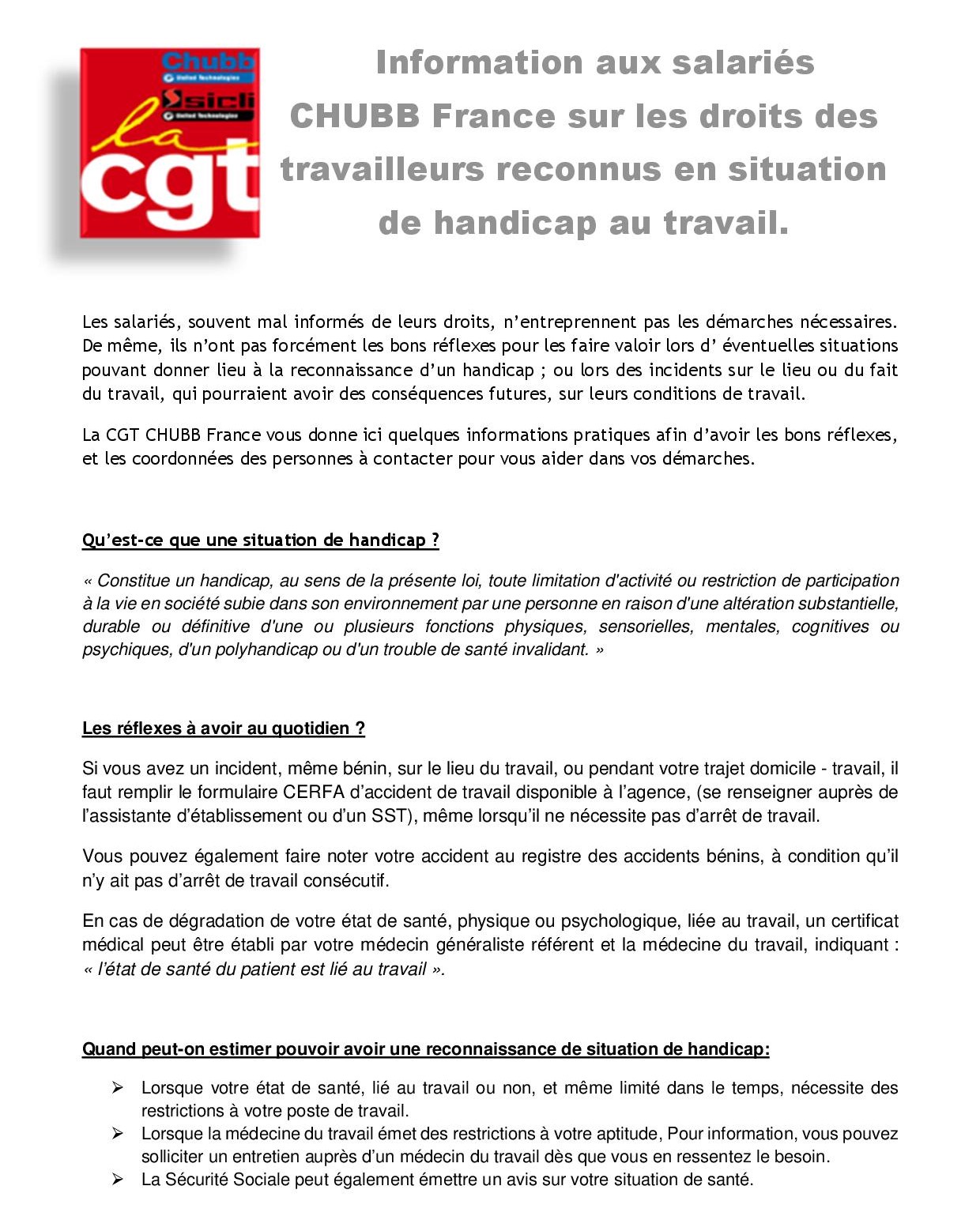 Information sur les droits des travailleurs reconnus en situation de handicap1