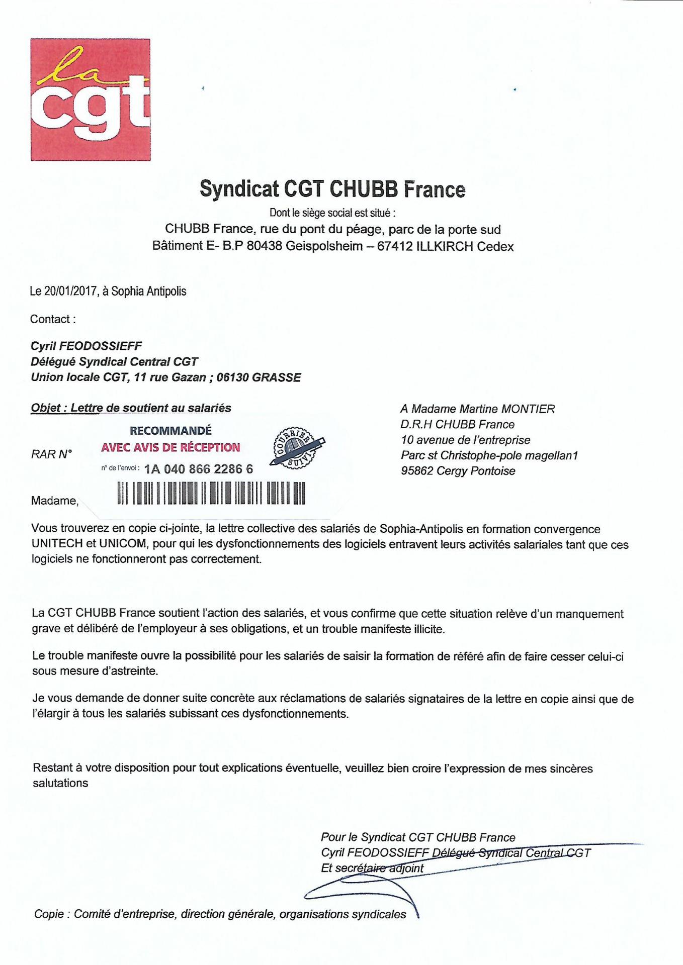 Lettre syndicatcgtchubb soutient salaries convergence